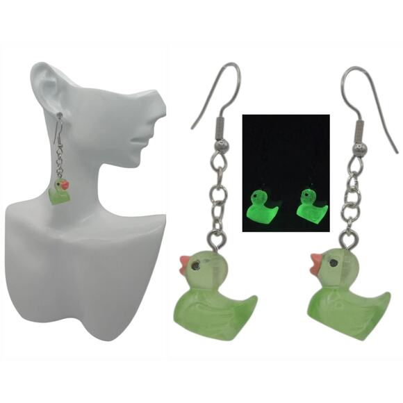 Green Glow in the Dark Duck Earrings Resin Dangle Earrings Gift for Her rave - Picture 1 of 1